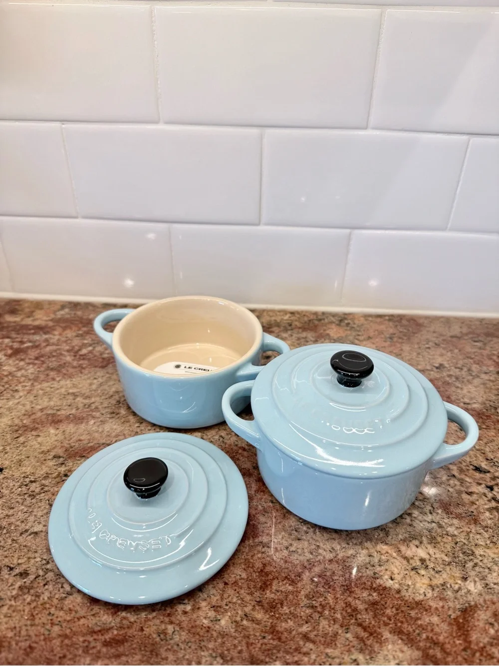 RARE Le Creuset Sky Blue Mini Round Cocotte Set of 2. NEW.